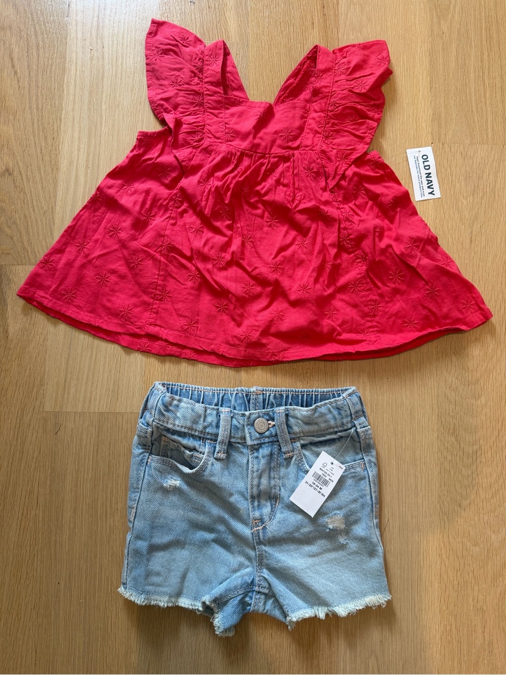 Old Navy Girls' coral red Flutter-Sleeve Top and Jean Shorts